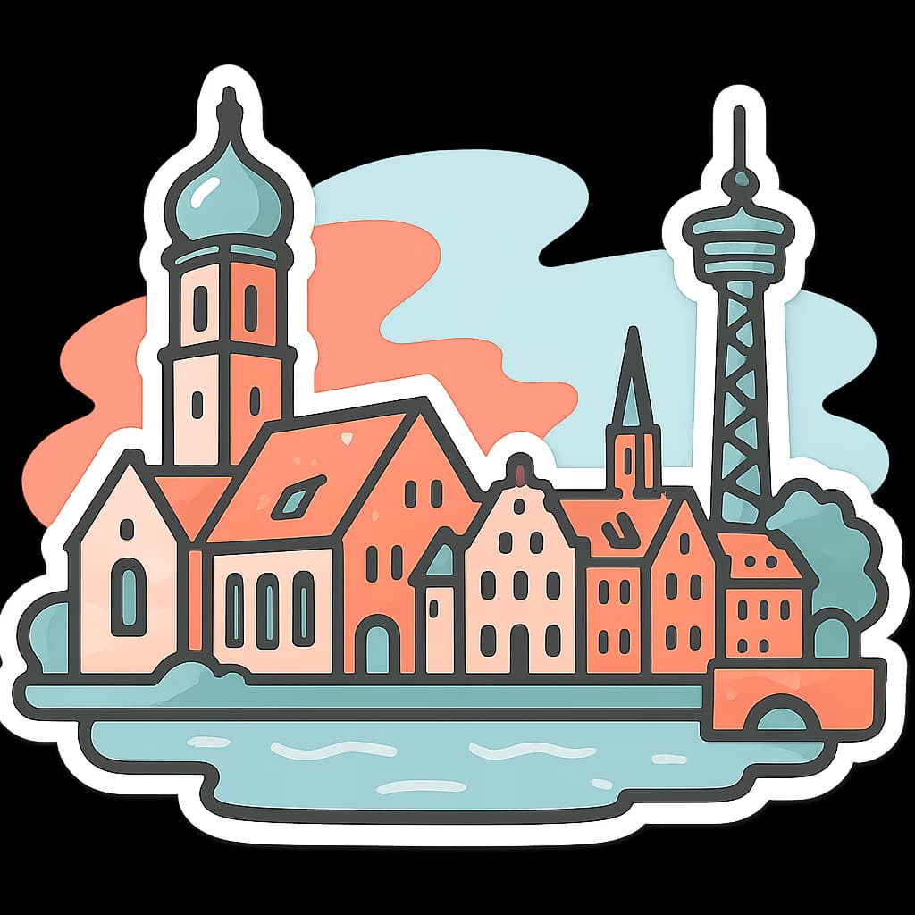 Blick auf Friedrichshafen mit Uferpromenade am Bodensee und Zeppelin am Himmel